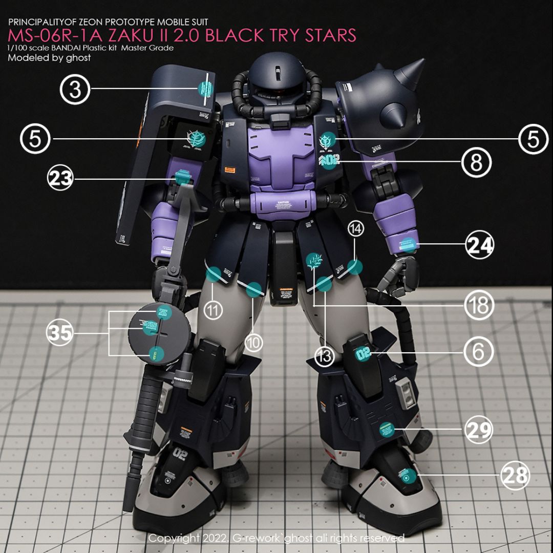 G-Rework Decal - [MG] MS-06R-1A ZAKU II BLACK TRY STARS