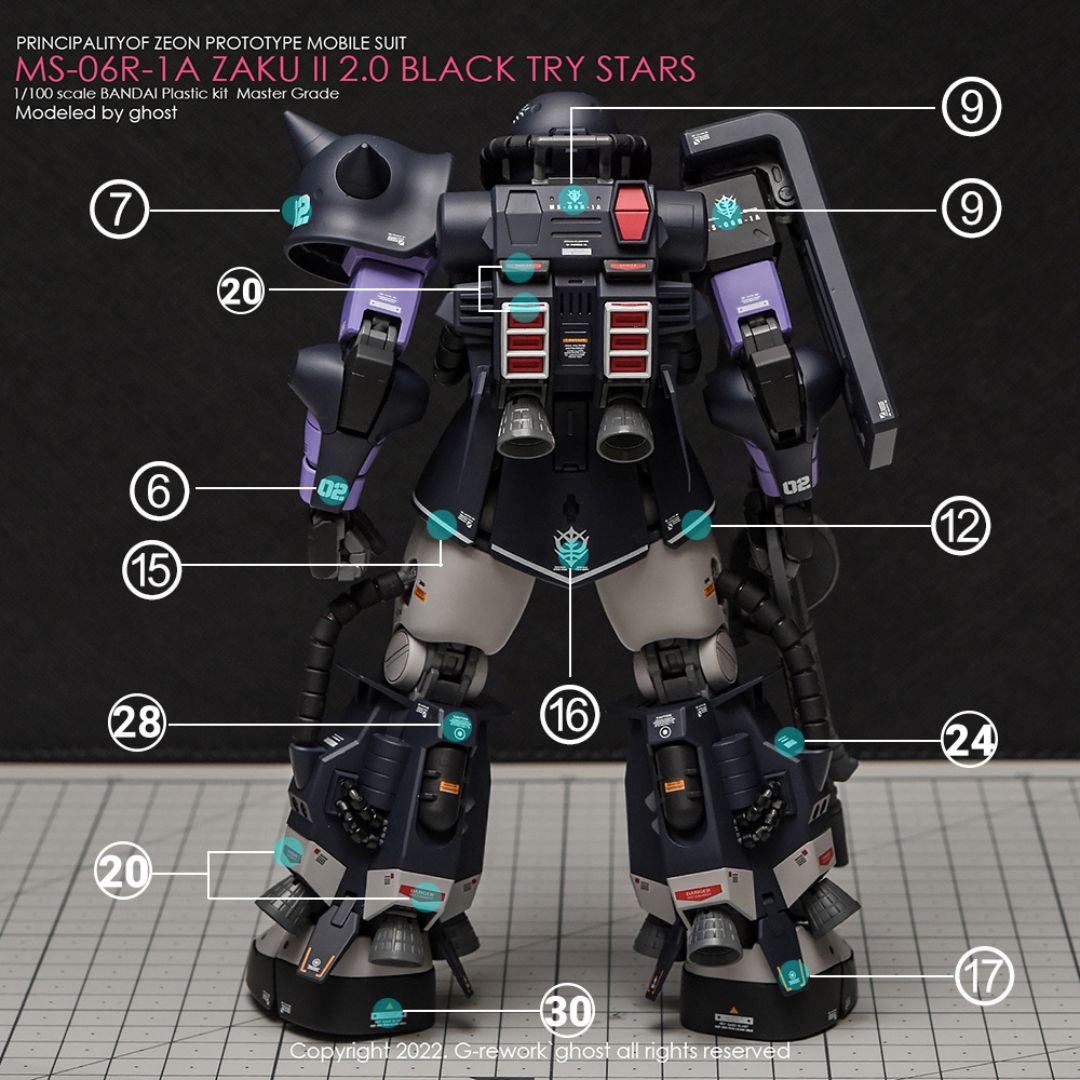 G-Rework Decal - [MG] MS-06R-1A ZAKU II BLACK TRY STARS