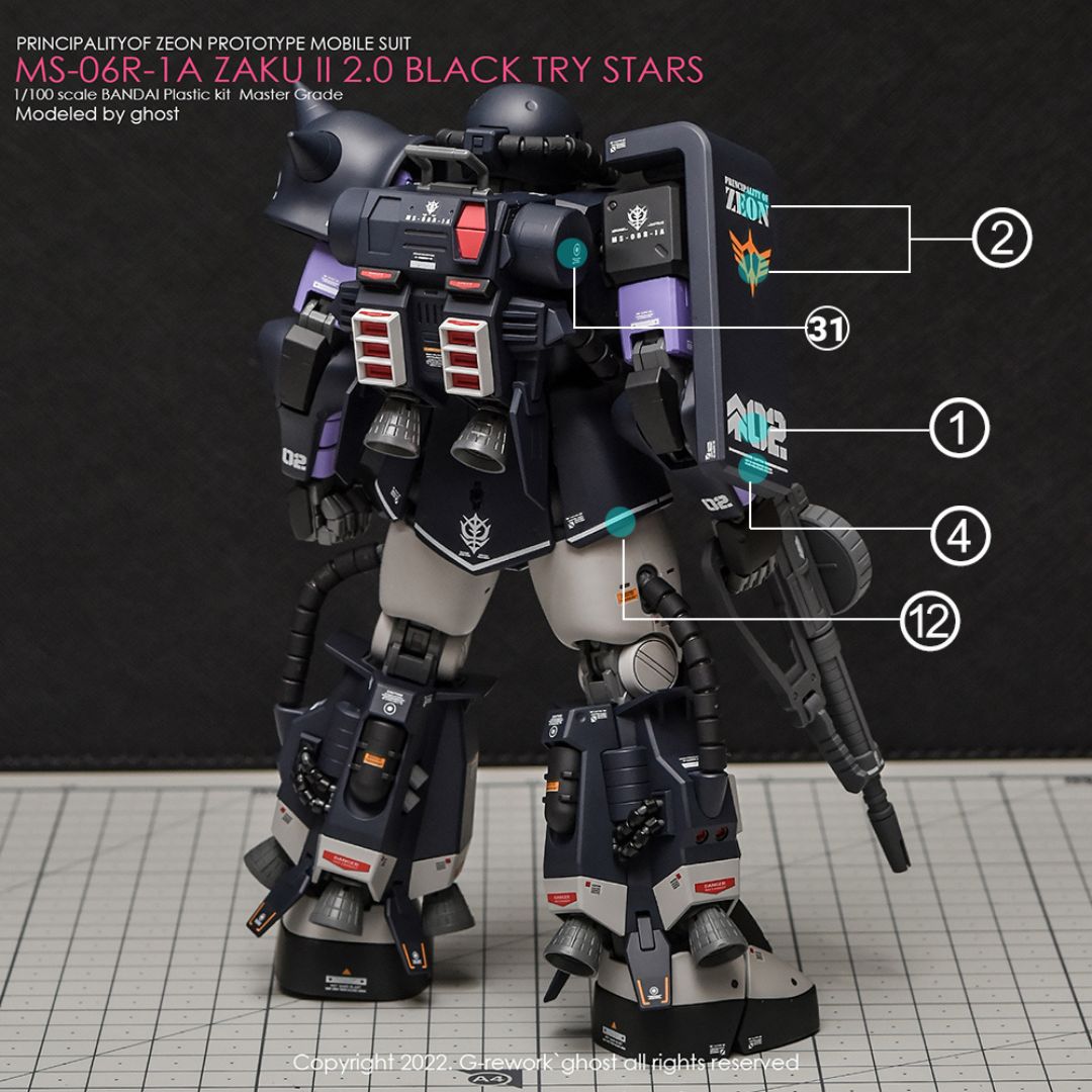 G-Rework Decal - [MG] MS-06R-1A ZAKU II BLACK TRY STARS