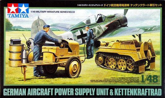 Model kit box for German aircraft power supply unit and Kettenkraftrad with Tamiya branding.